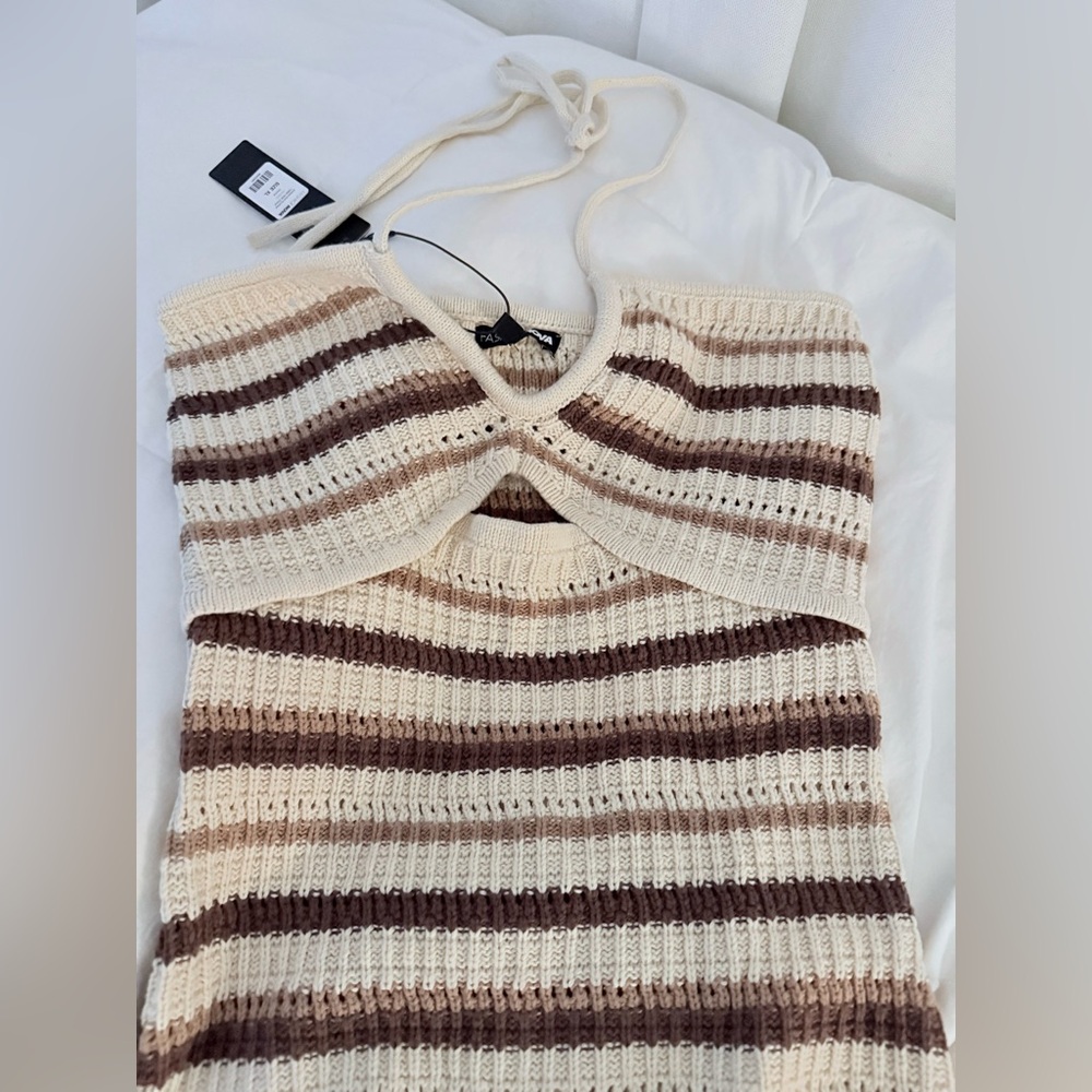 Fashion nova Brown and Cream Knitted and knotted crochet halter Midi Dress - Picture 7 of 10